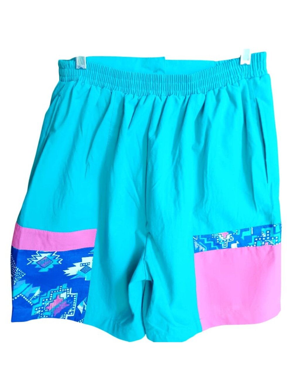 Vintage 90s Surf Shorts Medium Colorblock Southwestern Beach Hip Hop Teal Pink